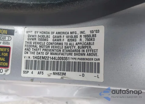 2004 Honda Civic Vp из США, поврежденный, VIN 1HGEM22144L009351